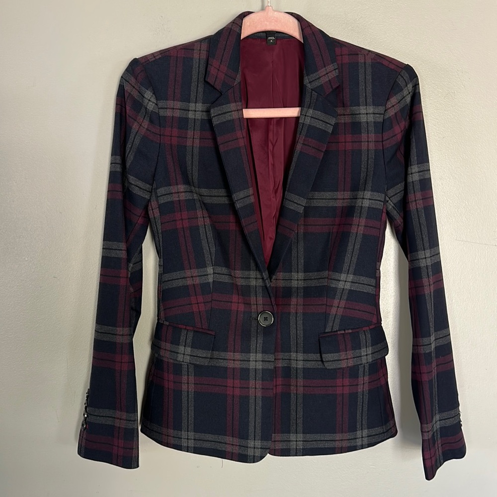 Express Notch Collar One Button Blazer - Navy Plaid - 0